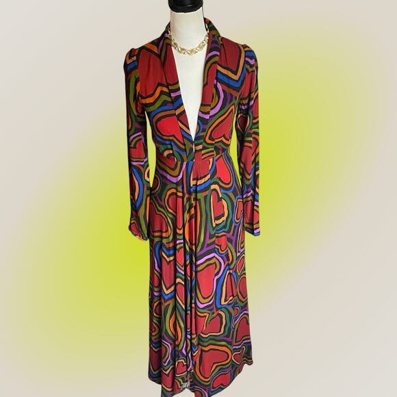 Farm Rio Rainbow Wild Hearts Maxi Dress Womens XS 0 2 Long Sleeve Red - Picture 1 of 15